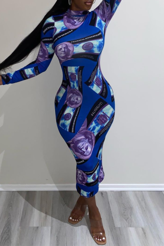 Blue Sexy Print Split Joint Half A Turtleneck Pencil Skirt Dresses