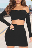 Camel Sexy Solid Split Joint Off the Shoulder Long Sleeve Two Pieces
