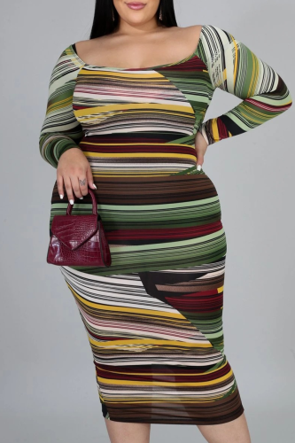 Green Sexy Striped Split Joint Square Collar Pencil Skirt Plus Size Dresses