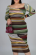 Green Sexy Striped Split Joint Square Collar Pencil Skirt Plus Size Dresses