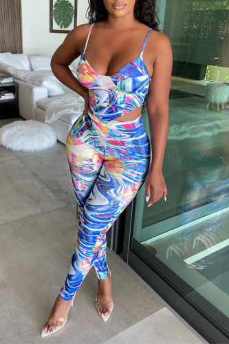 Blue Sexy Print Split Joint Spaghetti Strap Sleeveless Two Pieces