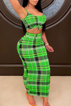 Green Sexy Plaid Print Split Joint Spaghetti Strap Sleeveless Two Pieces