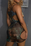 Grey Sexy Print Mesh Halter Sleeveless Two Pieces
