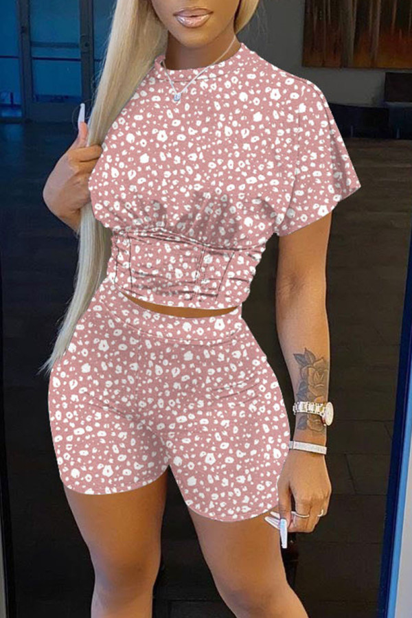Pink Casual Print Split Joint O Neck Short Sleeve Two Pieces
