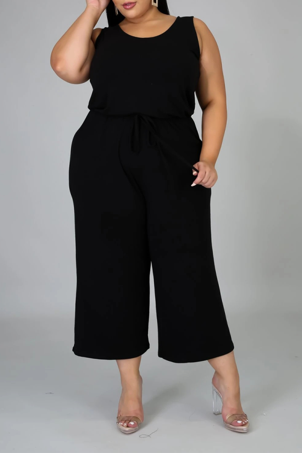 Black Casual Solid Split Joint O Neck Plus Size Jumpsuits