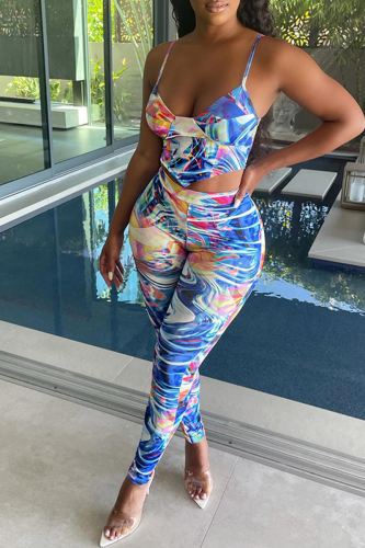 Blue Sexy Print Split Joint Spaghetti Strap Sleeveless Two Pieces