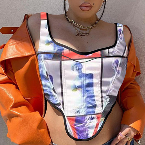 Blue Sexy Print Split Joint Square Collar Mid Waist Tops