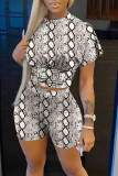 Brown Casual Print Split Joint O Neck Short Sleeve Two Pieces