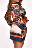 Tangerine Red Sexy Print Split Joint Shirt Dress Dresses