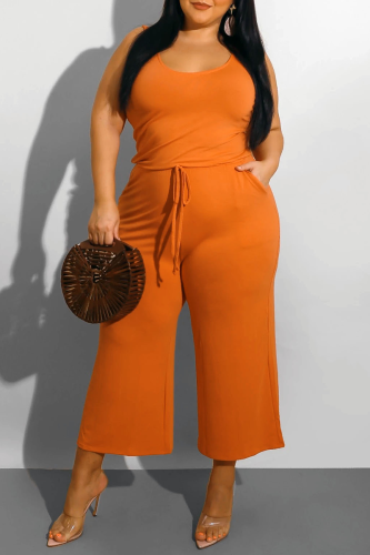 Tangerine Red Casual Solid Split Joint O Neck Plus Size Jumpsuits