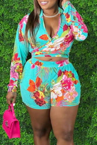 Cyanine Casual Print Bandage Split Joint V Neck Long Sleeve Two Pieces