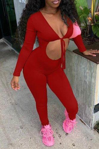 Fluorescent Green Sexy Solid Hollowed Out V Neck Skinny Jumpsuits