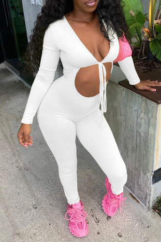 White Sexy Solid Hollowed Out V Neck Skinny Jumpsuits