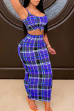Green Sexy Plaid Print Split Joint Spaghetti Strap Sleeveless Two Pieces