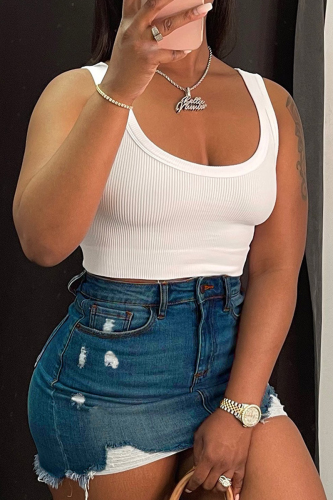 Blue Casual Solid Ripped Skinny High Waist Pencil Solid Color Bottoms