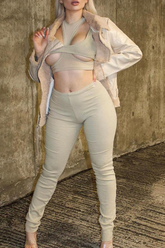 Apricot Sexy Solid Hollowed Out Split Joint Asymmetrical O Neck Sleeveless Three Pieces