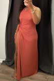 Red Bean Paste Sexy Solid High Opening O Neck Irregular Dress Dresses