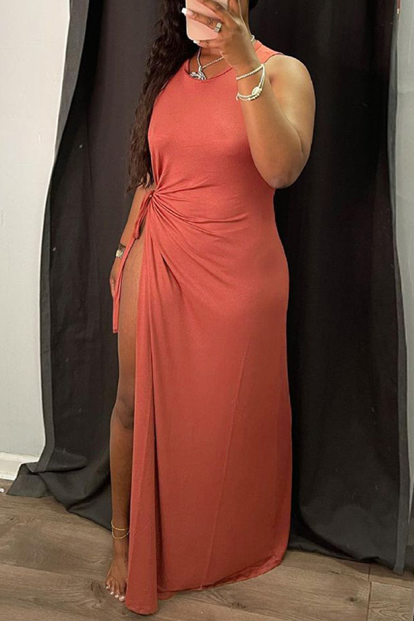 Red Bean Paste Sexy Solid High Opening O Neck Irregular Dress Dresses