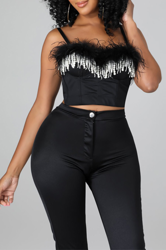Black Sexy Solid Tassel Spaghetti Strap Sleeveless Two Pieces
