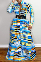Blue British Style Striped Print Split Joint Turndown Collar Shirt Dress Dresses