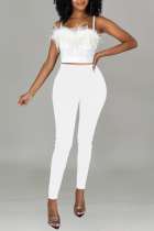 White Sexy Solid Tassel Spaghetti Strap Sleeveless Two Pieces