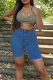 Deep Blue Fashion Casual Solid Basic High Waist Regular Jeans