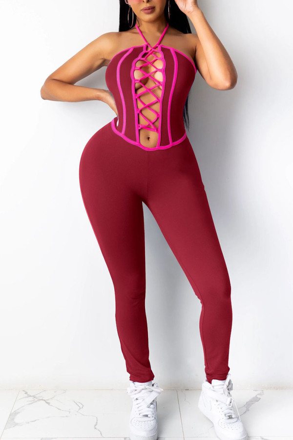 Burgundy Sexy Solid Hollowed Out Split Joint Frenulum Halter Skinny Jumpsuits