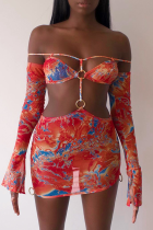 Colour Sexy Print Hollowed Out Off the Shoulder Pencil Skirt Dresses