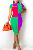 Fluorescent Green Casual Color Lump Print Split Joint Half A Turtleneck Pencil Skirt Dresses