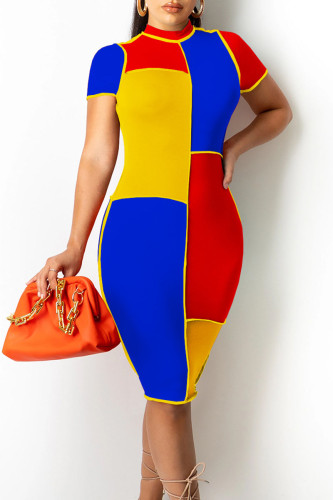 Royal Blue Casual Color Lump Print Split Joint Half A Turtleneck Pencil Skirt Dresses