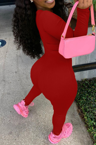Red Sexy Solid Hollowed Out V Neck Skinny Jumpsuits