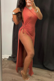 Red Bean Paste Sexy Solid High Opening O Neck Irregular Dress Dresses