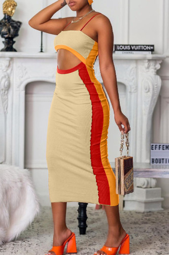 Apricot Casual Print Hollowed Out Split Joint Spaghetti Strap Pencil Skirt Dresses
