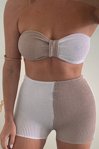 Khaki Sexy Solid Split Joint Knotted  Contrast Strapless Sleeveless Two Pieces