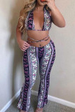 Fuchsia Sexy Print Split Joint Frenulum Backless Halter Sleeveless Two Pieces