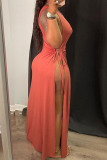 Red Bean Paste Sexy Solid High Opening O Neck Irregular Dress Dresses