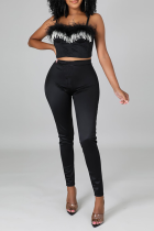 Black Sexy Solid Tassel Spaghetti Strap Sleeveless Two Pieces