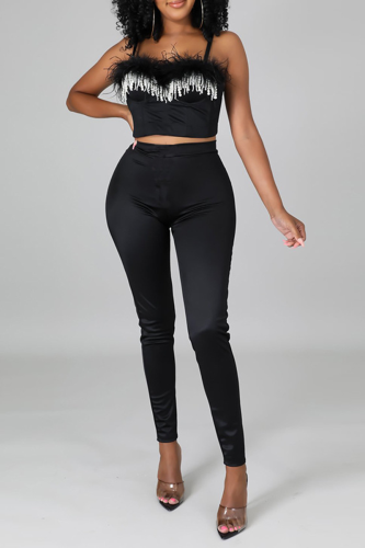 Black Sexy Solid Tassel Spaghetti Strap Sleeveless Two Pieces