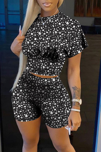 Pink Casual Print Split Joint O Neck Short Sleeve Two Pieces