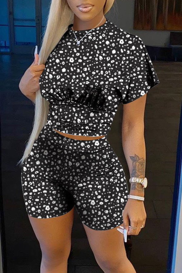Black Casual Print Split Joint O Neck Short Sleeve Two Pieces