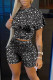 Black Casual Print Split Joint O Neck Short Sleeve Two Pieces