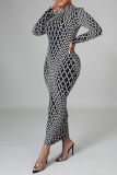 Multicolor Sexy Print Split Joint Zipper Collar Pencil Skirt Dresses