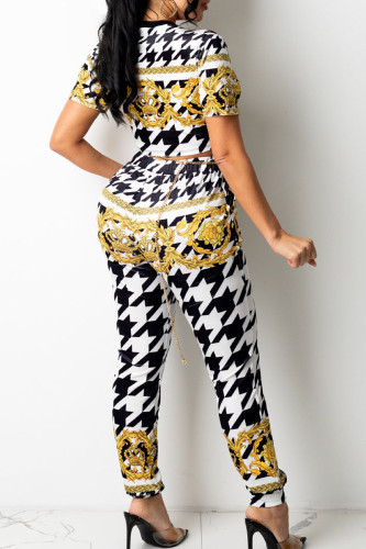 Black Casual Print Split Joint O Neck Short Sleeve Two Pieces