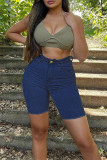 Deep Blue Fashion Casual Solid Basic High Waist Regular Jeans