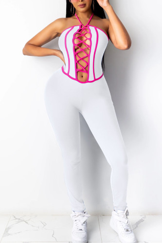 Royal Blue Sexy Solid Hollowed Out Split Joint Frenulum Halter Skinny Jumpsuits