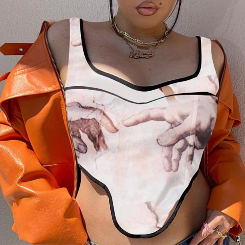 Grey Sexy Print Split Joint Square Collar Mid Waist Tops