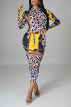 Multicolor Sexy Print Split Joint Zipper Collar Pencil Skirt Dresses
