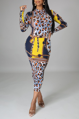 Multicolor Sexy Print Split Joint Zipper Collar Pencil Skirt Dresses