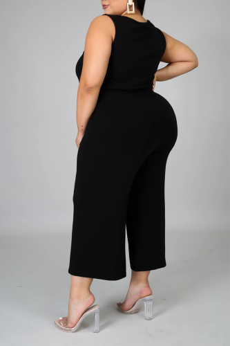 Black Casual Solid Split Joint O Neck Plus Size Jumpsuits