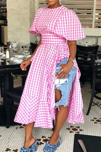Pink Casual Plaid Split Joint O Neck Irregular Dress Dresses